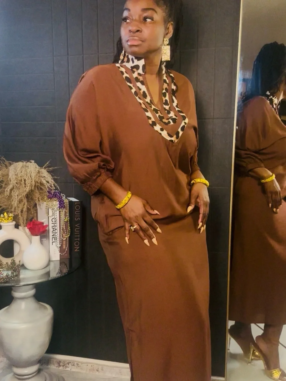 Brown Women's dress Leopard Trim